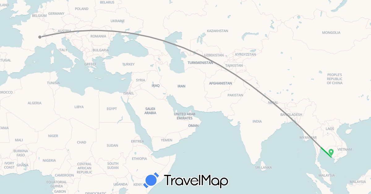 TravelMap itinerary: bus, plane in France, Cambodia, Thailand (Asia, Europe)